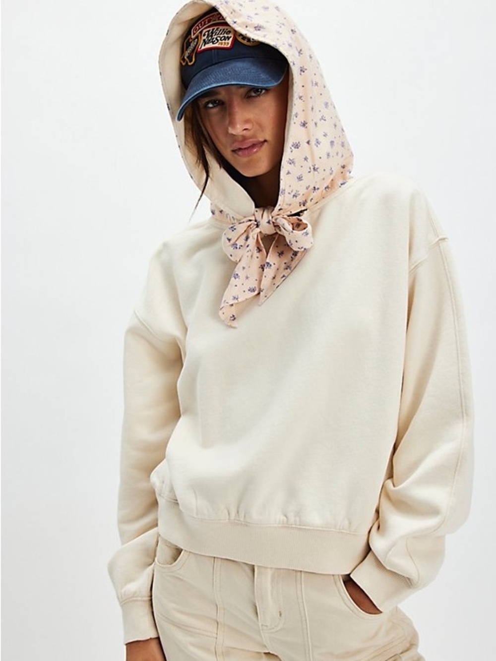 Free People Headscarf Hoodie Floral Cream Bohemian Cottagecore Boho Large Cute